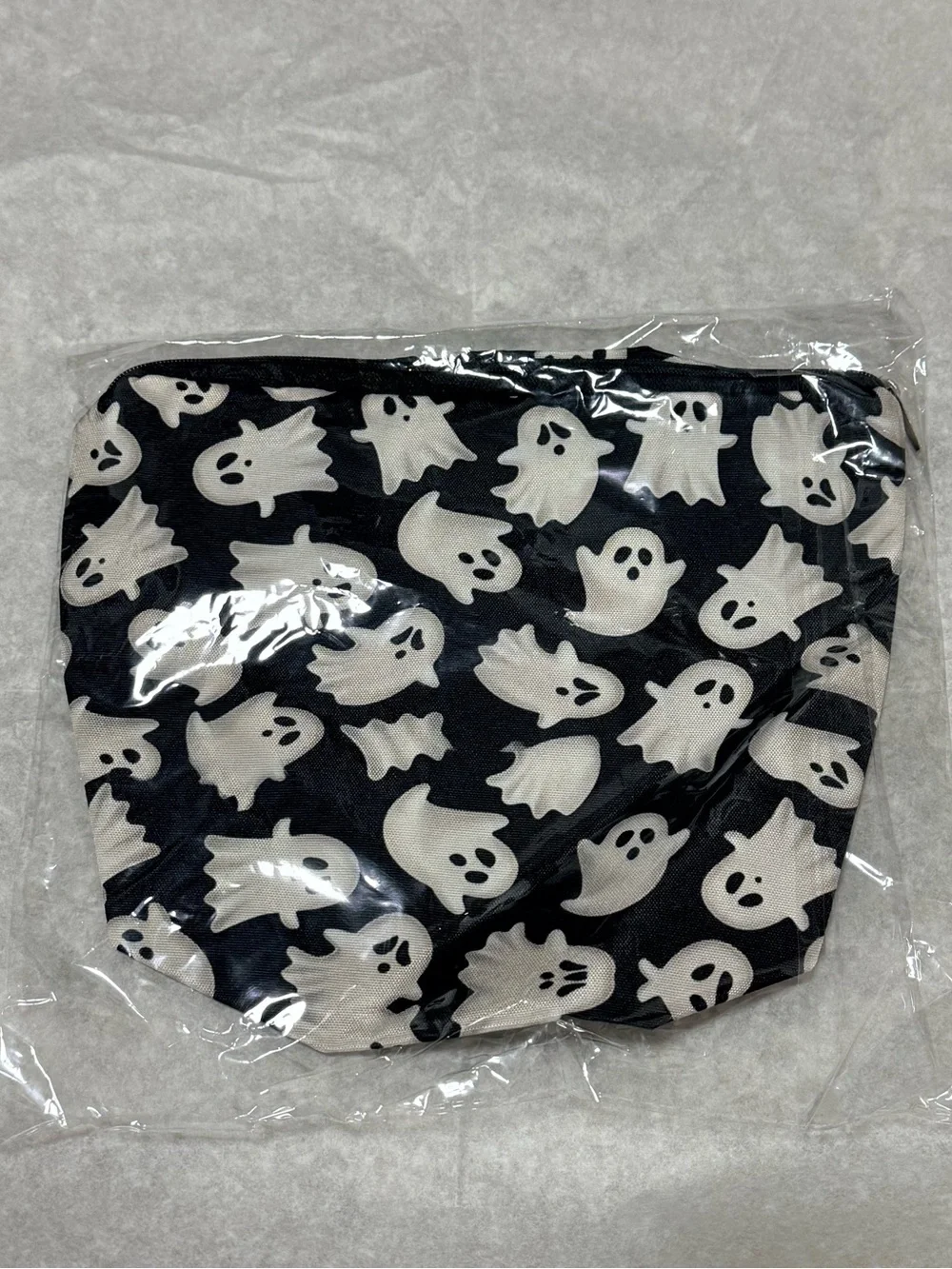 Ghost Halloween Themed Print Cosmetic Pouch in Black & White